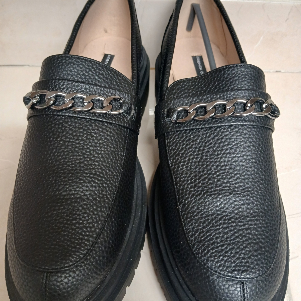 French Connection Textured Black Moccasins with Metallic Chain